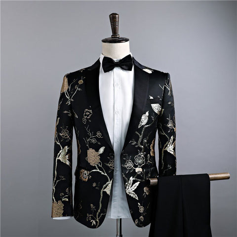 2018 Men Classic Wedding Suits Golden Flower Embroidery Prom Party Tuxedo Latest Coat+Pant Designs Gentlemen Fitness Blazer