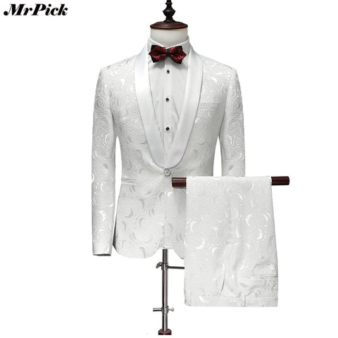 (Jacket+Pants) 2017 New Men Tuxedo Fashion Designer Brand White Floral Flower Suits