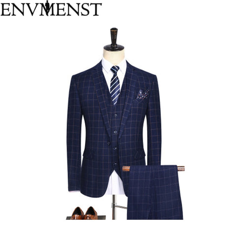 2018 Envmenst Brand Men's Stripe Suit Set Blazer+Vest+Pants Groom Tuxedos High Quality Pocket Designer Man Wedding Suit Set
